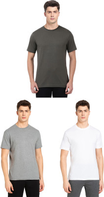 JOCKEY Solid Men Round Neck Dark Green, Grey, White T-Shirt