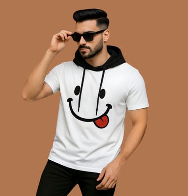 Ramawati enterprises Printed Men Hooded Neck White, Black T-Shirt