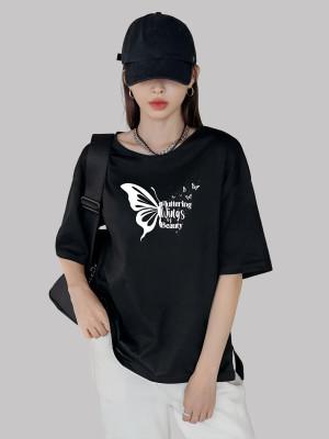 Hivewear Printed Women Round Neck Black T-Shirt