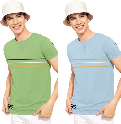 Vamdev Hub Striped Men Round Neck Green, Light Blue T-Shirt