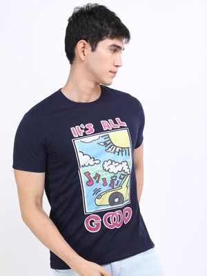 KETCH Printed Men Round Neck Dark Blue T-Shirt