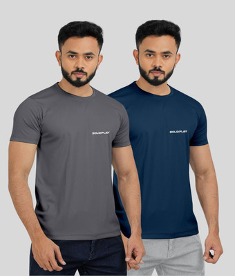 INDICLUB Self Design Men Round Neck Grey, Blue T-Shirt