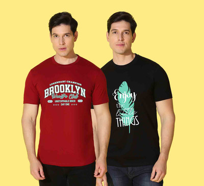 WOOSTRO Printed Men Round Neck Maroon, Black T-Shirt