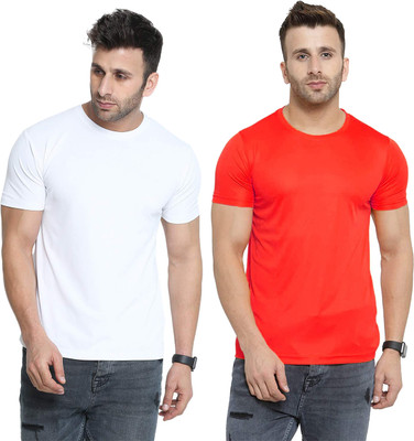 Renowned Solid Men Round Neck Red, White T-Shirt