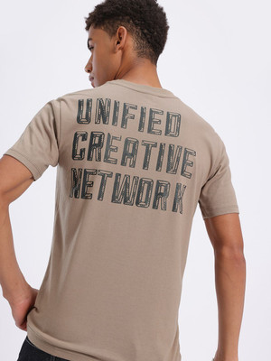 Glitchez Printed Men Round Neck Brown T-Shirt