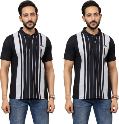 Studshirt Striped Men Polo Neck Black T-Shirt