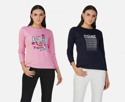 LeeBurg Printed Women Round Neck Pink, Navy Blue T-Shirt