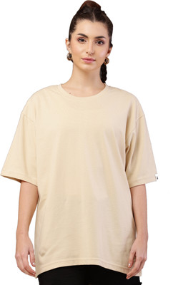 YOUNGBLOK Solid Women Round Neck Beige T-Shirt