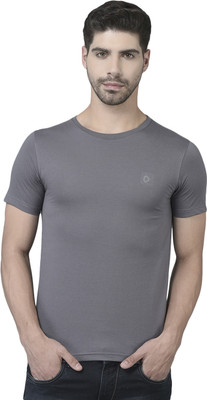 Dollar Solid Men Round Neck Silver T-Shirt