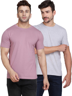 TEEFOX Solid Men Round Neck Pink, Grey T-Shirt