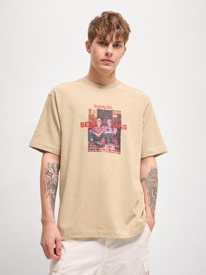 THE BEAR HOUSE Self Design Men Round Neck Beige T-Shirt