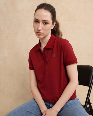 RAREISM Solid Women Polo Neck Maroon T-Shirt