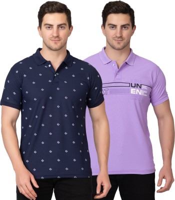 Zeffit Printed Men Polo Neck Dark Blue, Purple T-Shirt