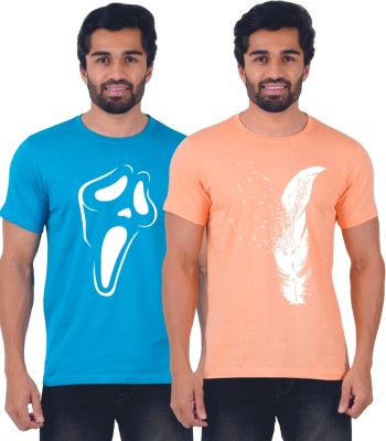 Ferocious Printed Men Round Neck Blue, Orange T-Shirt