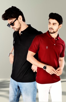 Jeiri Solid Men Polo Neck Maroon, Black T-Shirt