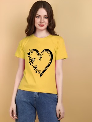 Lecowar Printed Women Round Neck Yellow T-Shirt