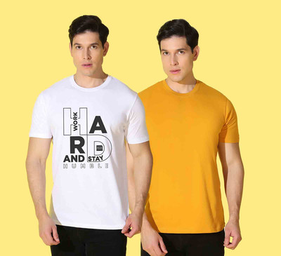 WOOSTRO Printed, Solid Men Crew Neck White, Yellow T-Shirt