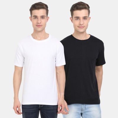 Fleximaa Solid Men Round Neck White, Black T-Shirt