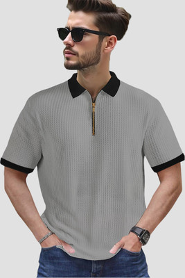 Conway Self Design Men Zip Neck Grey T-Shirt