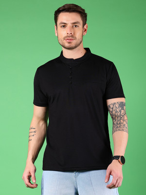 V-MART Solid Men Henley Neck Black T-Shirt