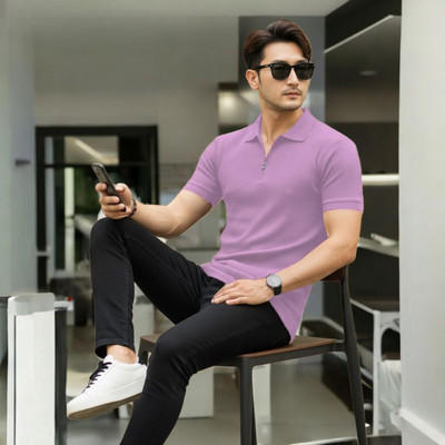 The Stanch Self Design Men Polo Neck Purple T-Shirt