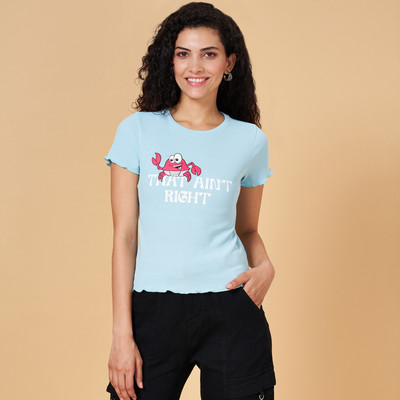 PEOPLE Printed, Typography Women Round Neck Blue T-Shirt