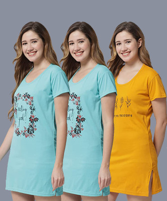 ANIXA Printed Women Round Neck Light Blue, Yellow T-Shirt