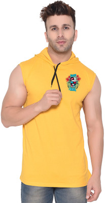 Blisstone Solid Men Hooded Neck Yellow T-Shirt