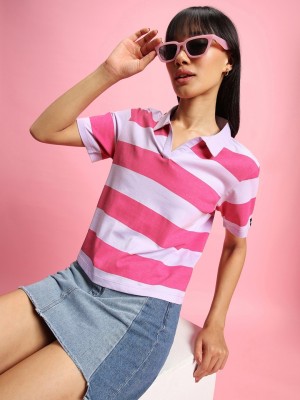 BEWAKOOF Striped Women Polo Neck Pink T-Shirt