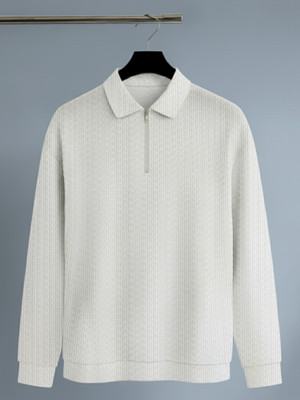 Jump Cuts Self Design Men Polo Neck White T-Shirt