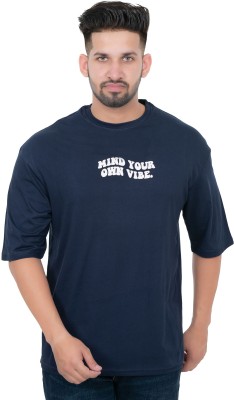 E-MAX Typography Men Round Neck Navy Blue T-Shirt