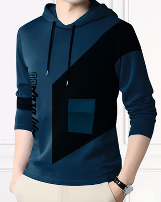 AUSK Self Design Men Hooded Neck Dark Blue T-Shirt