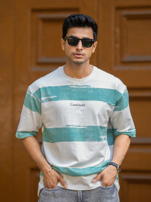 MANIAC Striped Men Round Neck Green T-Shirt