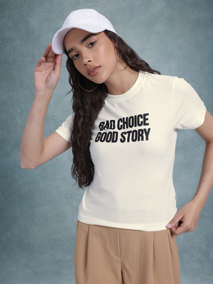 Roadster Printed Women Round Neck White T-Shirt