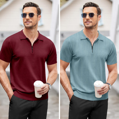NTIFIC Solid Men Polo Neck Maroon, Light Blue T-Shirt