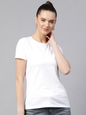 DJIN Solid Women Round Neck White T-Shirt