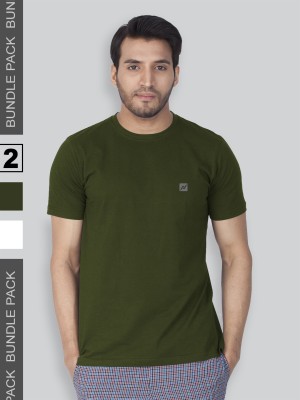 Lux Nitro Solid Men Round Neck White, Dark Green T-Shirt