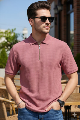 Siya Fashion Solid Men Zip Neck Pink T-Shirt