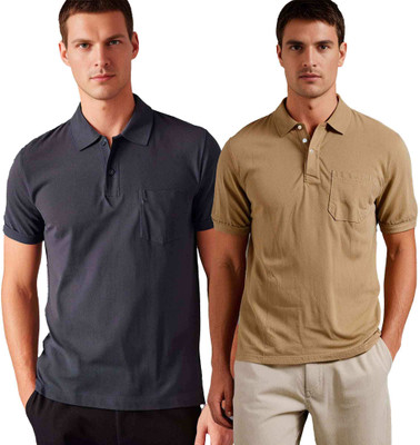 SEJE Solid Men Polo Neck Black, Dark Blue T-Shirt