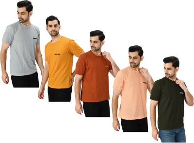 Indistar Solid Men Round Neck Green, Black, Orange, Beige, Grey, Yellow T-Shirt