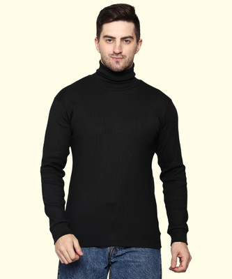 TQH Solid Men High Neck Black T-Shirt