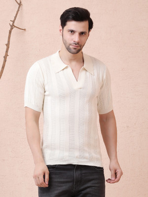 NOQUO Striped Men Polo Neck Beige T-Shirt