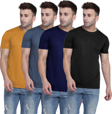 TQH Solid Men Round Neck Yellow, Grey, Dark Blue, Black T-Shirt