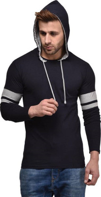 GEUM Solid Men Hooded Neck Dark Blue T-Shirt