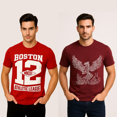 VORTILO Printed Men Round Neck Red, Maroon T-Shirt