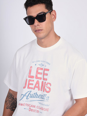 LEE Printed, Typography Men Round Neck White T-Shirt