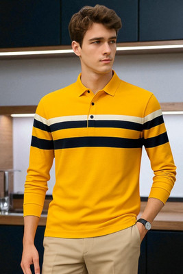 Autna Striped Men Polo Neck Yellow T-Shirt