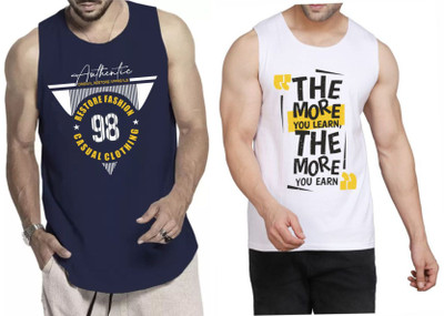 WOOSTRO Printed Men Round Neck Dark Blue, White T-Shirt