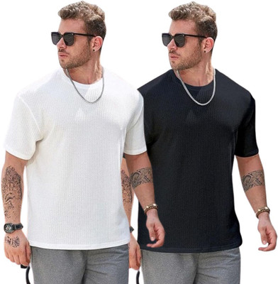 COPEHHI Solid Men Round Neck Black, White T-Shirt