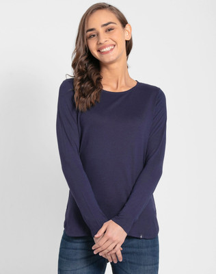 JOCKEY Solid Women Round Neck Navy Blue T-Shirt